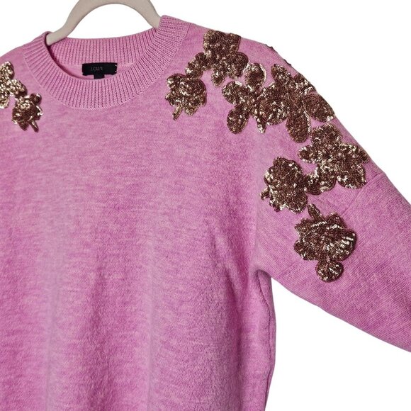 J. Crew‎ Womens Pink Gold Sequined Merino Wool Sweater M Floral Boxy - Picture 10 of 11